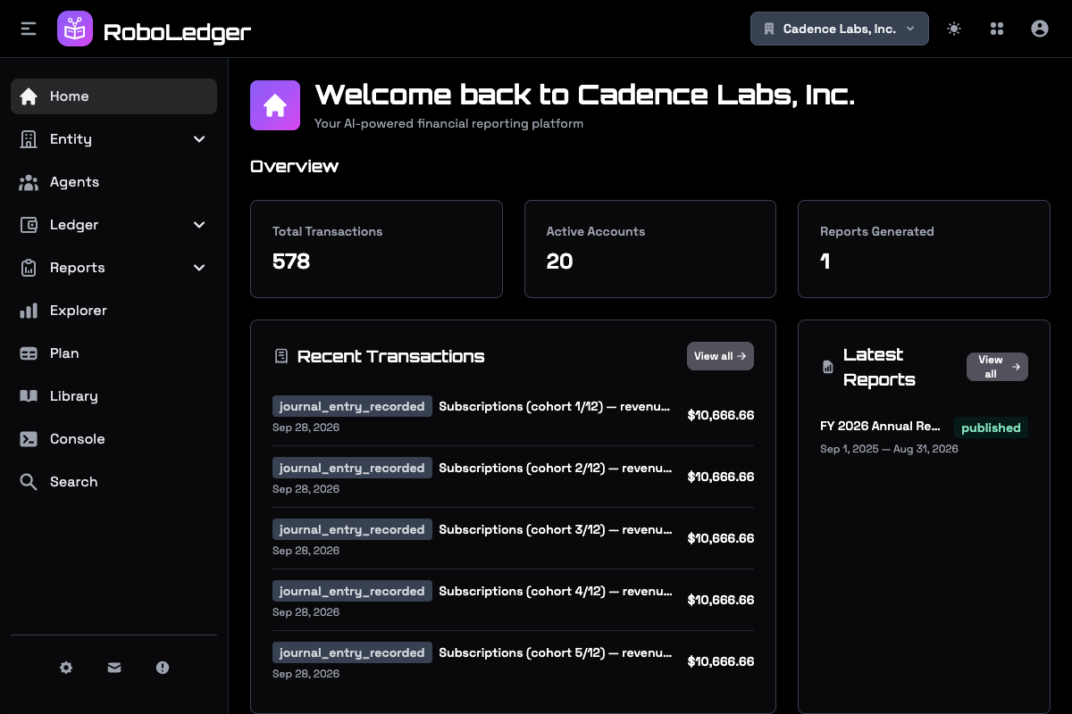 The RoboLedger home page, with transaction and account counts, recent transactions and the latest report