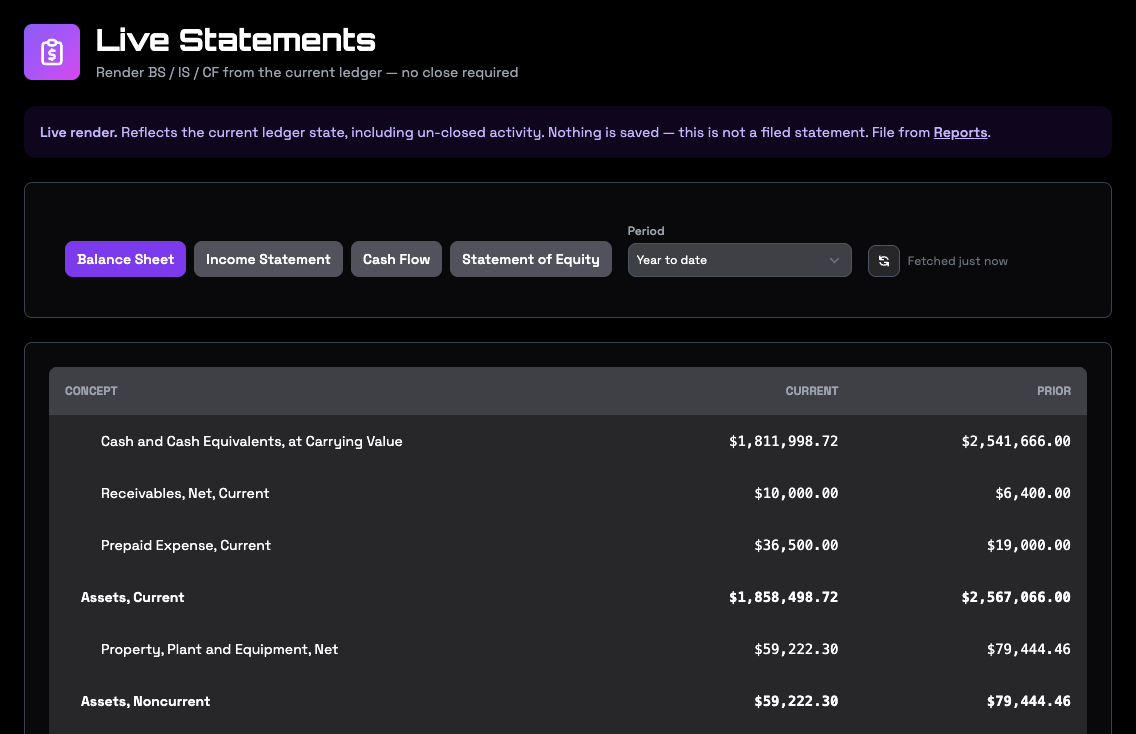 Live statements showing a balance sheet with current and prior columns